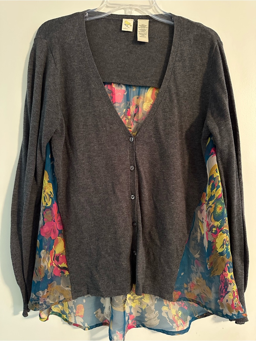 Women's Charcoal Gray Button-Front Cardigan with Floral Back Panel